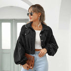 Women's Cropped Corduroy Jacket with Button Front and Collar