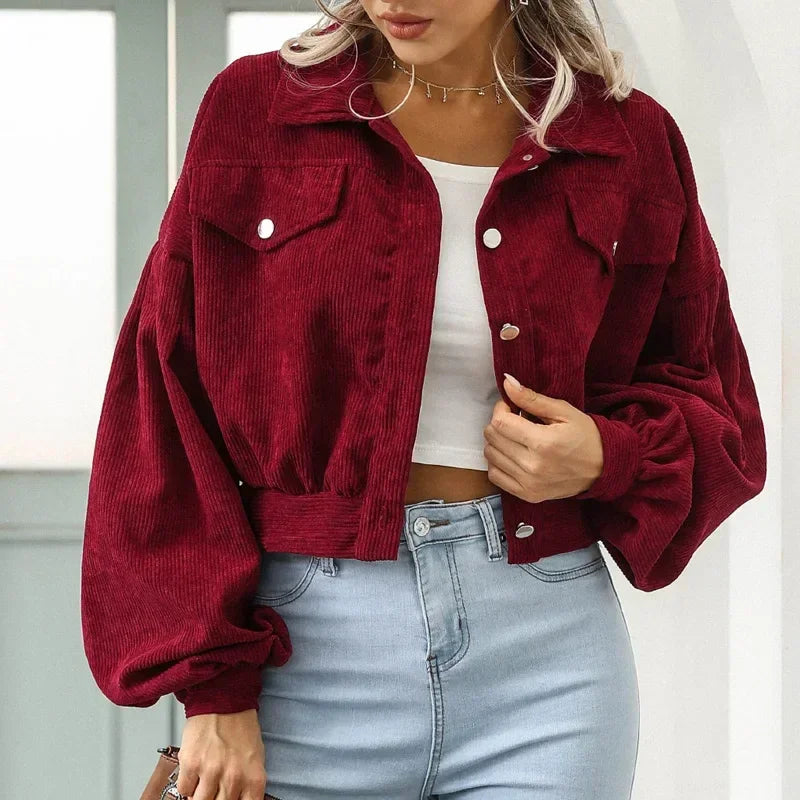 Women's Cropped Corduroy Jacket with Button Front and Collar