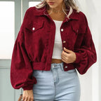 Women's Cropped Corduroy Jacket with Button Front and Collar