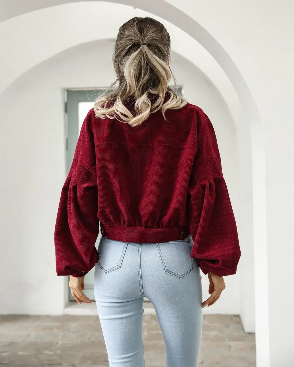 Women's Cropped Corduroy Jacket with Button Front and Collar