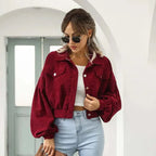 Women's Cropped Corduroy Jacket with Button Front and Collar