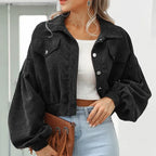 Women's Cropped Corduroy Jacket with Button Front and Collar