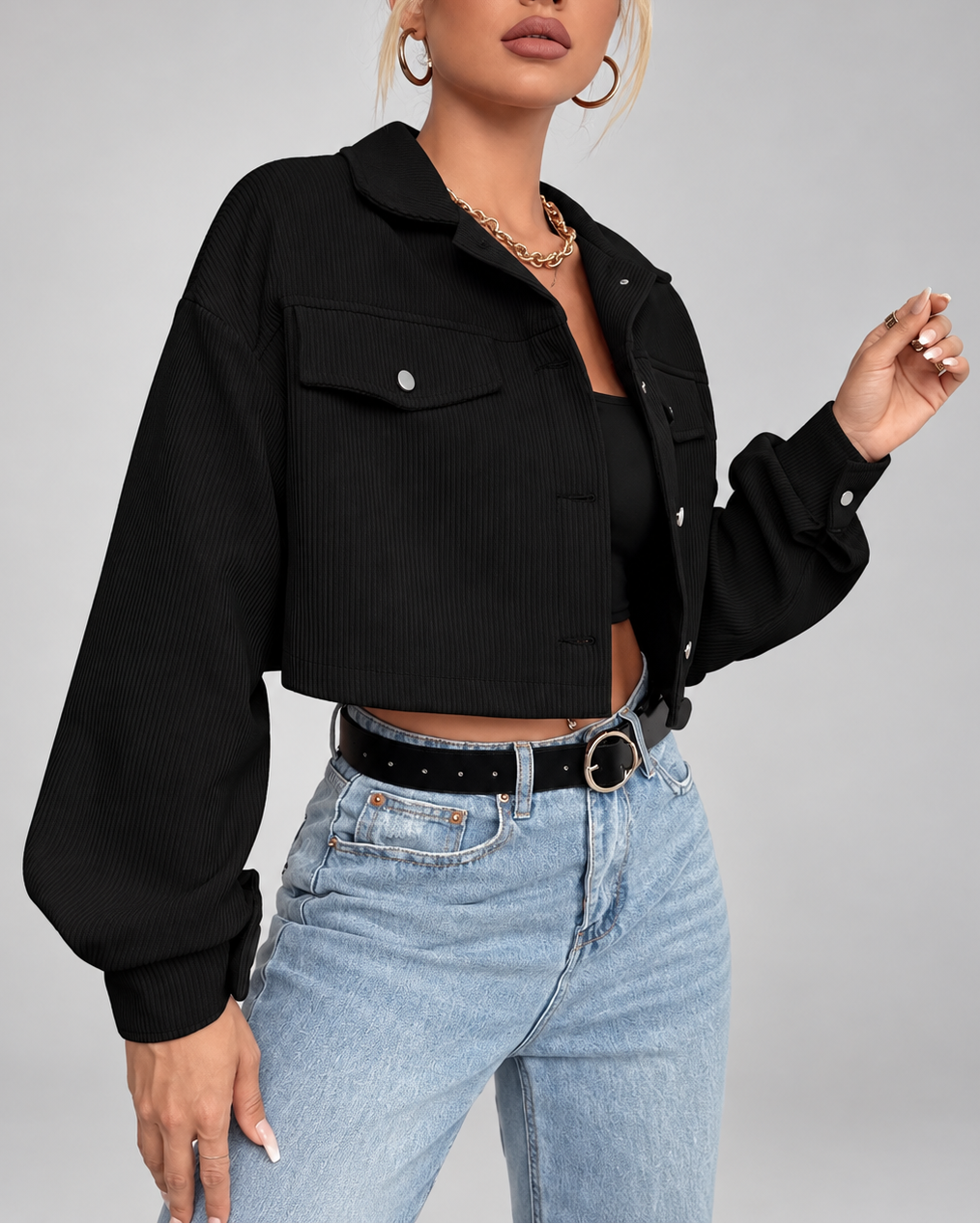 Women's Cropped Corduroy Jacket with Drop Shoulders and Button Front