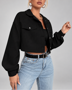 Women's Cropped Corduroy Jacket with Drop Shoulders and Button Front