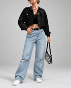 Women's Cropped Corduroy Jacket with Drop Shoulders and Button Front