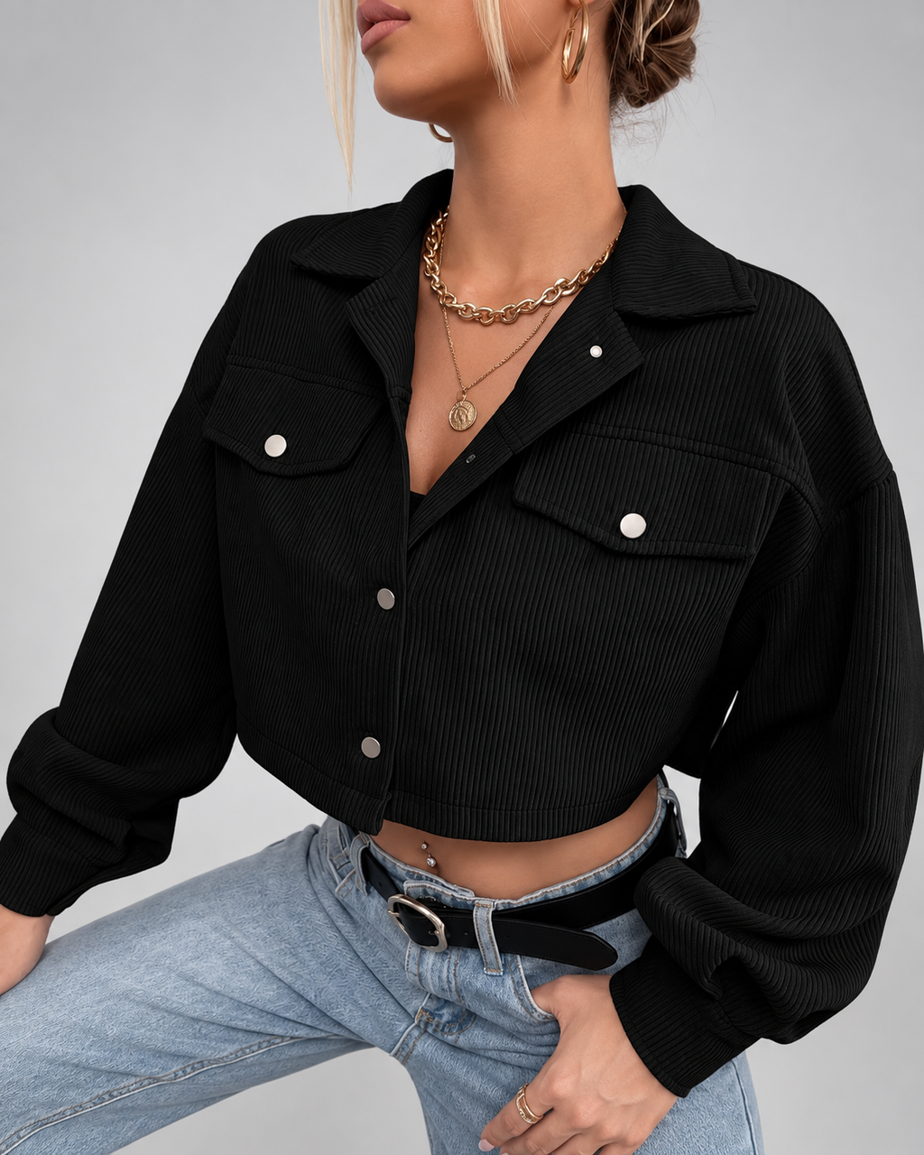 Women's Cropped Corduroy Jacket with Drop Shoulders and Button Front