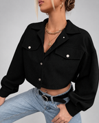 Women's Cropped Corduroy Jacket with Drop Shoulders and Button Front
