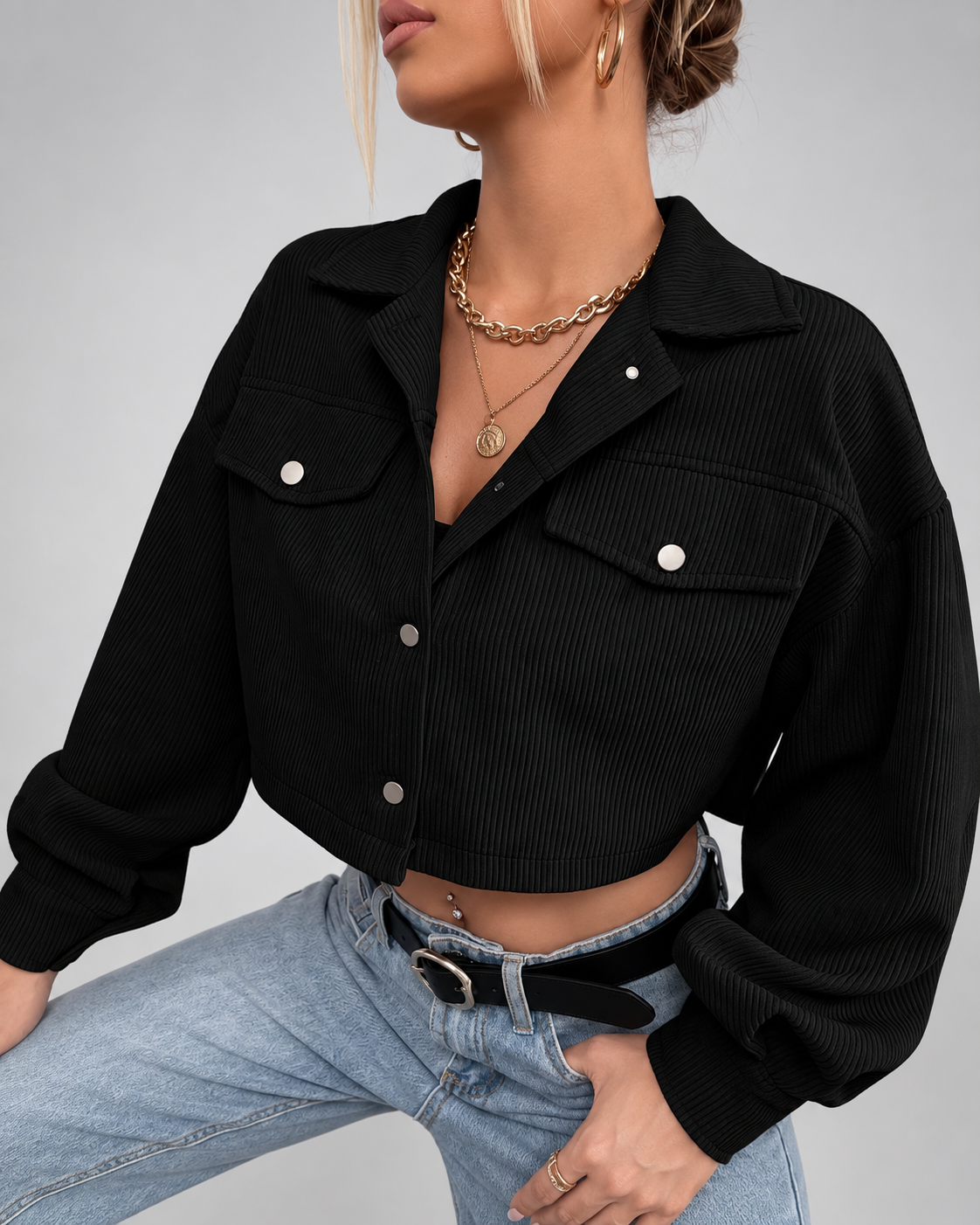 Women's Cropped Corduroy Jacket with Drop Shoulders and Button Front