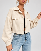 Women's Cropped Corduroy Jacket with Drop Shoulders and Button Front