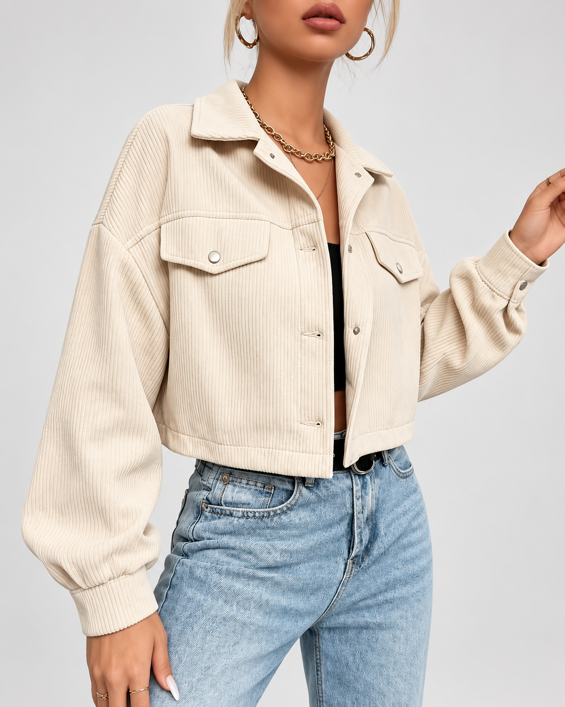 Women's Cropped Corduroy Jacket with Drop Shoulders and Button Front