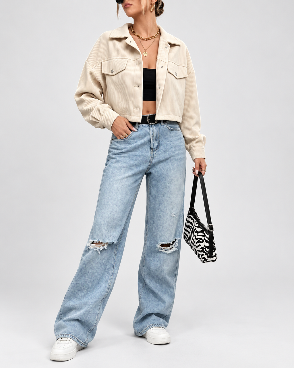 Women's Cropped Corduroy Jacket with Drop Shoulders and Button Front