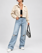 Women's Cropped Corduroy Jacket with Drop Shoulders and Button Front