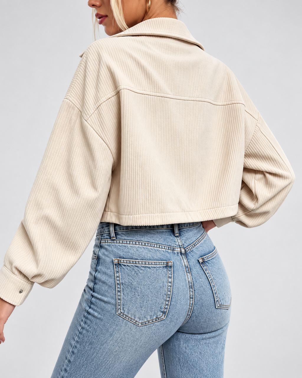 Women's Cropped Corduroy Jacket with Drop Shoulders and Button Front