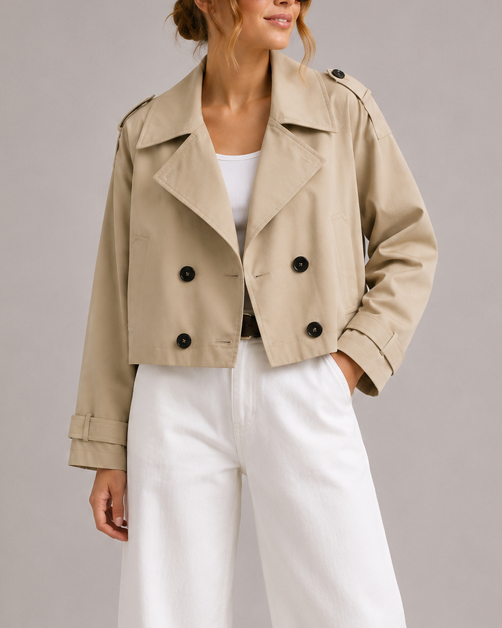Women's Cropped Double Breasted Trench Coat | Notch Lapel Short Jacket