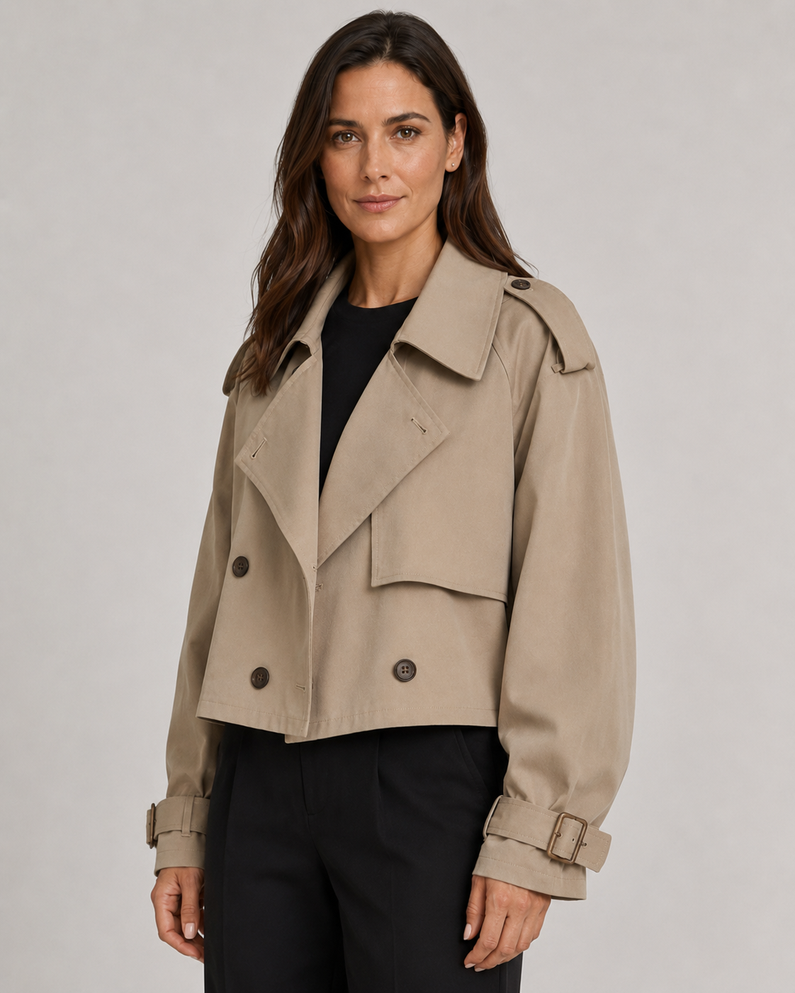 Women's Cropped Double Breasted Trench Coat with Lapel Collar and Buckle Cuffs
