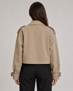 Women's Cropped Double Breasted Trench Coat with Lapel Collar and Buckle Cuffs