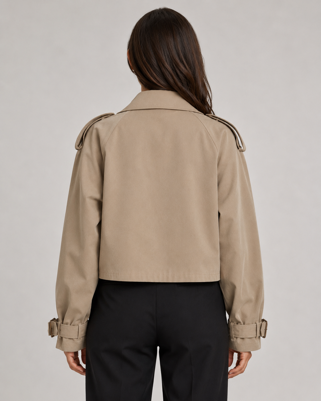 Women's Cropped Double Breasted Trench Coat with Lapel Collar and Buckle Cuffs