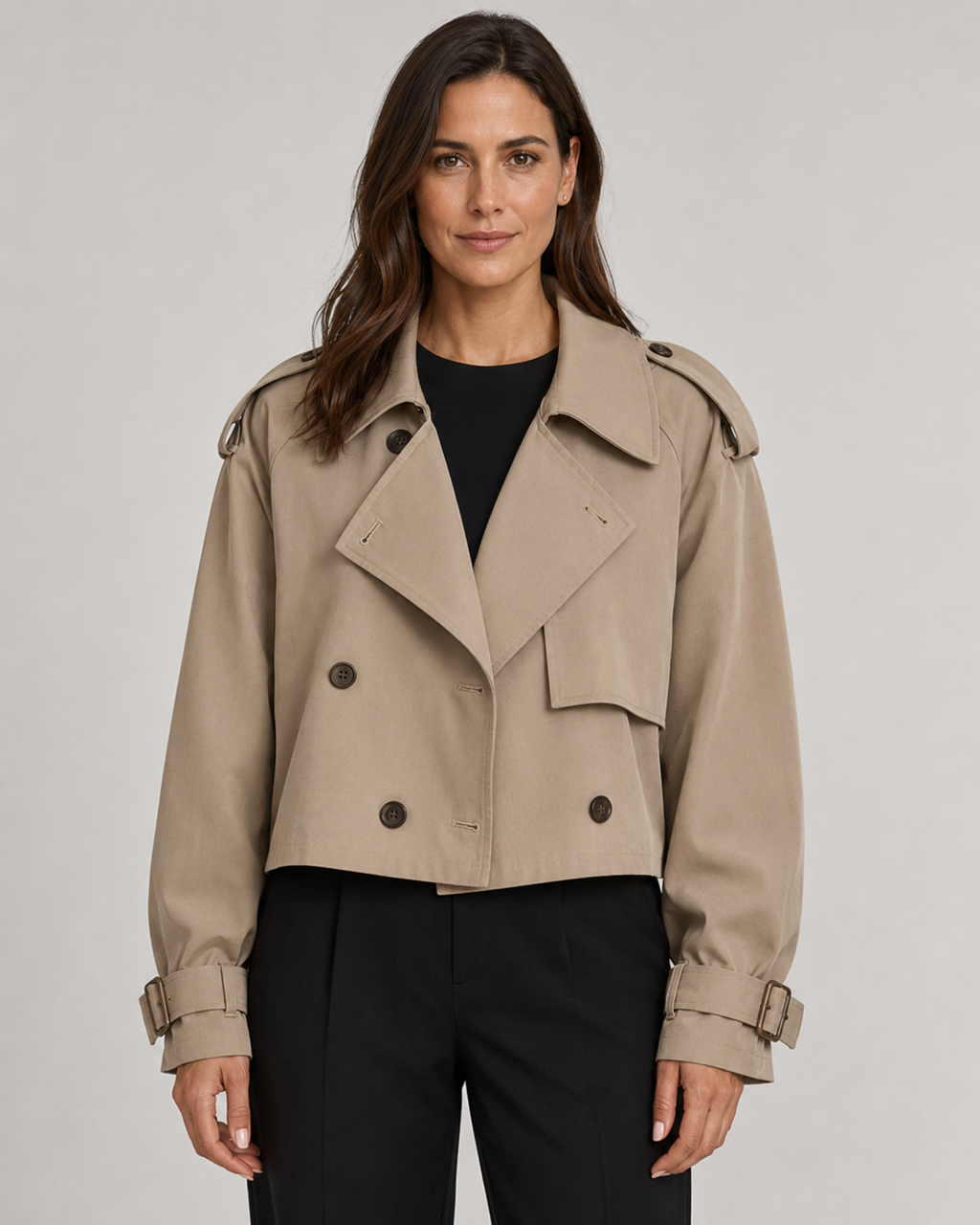 Women's Cropped Double Breasted Trench Coat with Lapel Collar and Buckle Cuffs