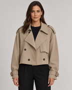 Women's Cropped Double Breasted Trench Coat with Lapel Collar and Buckle Cuffs