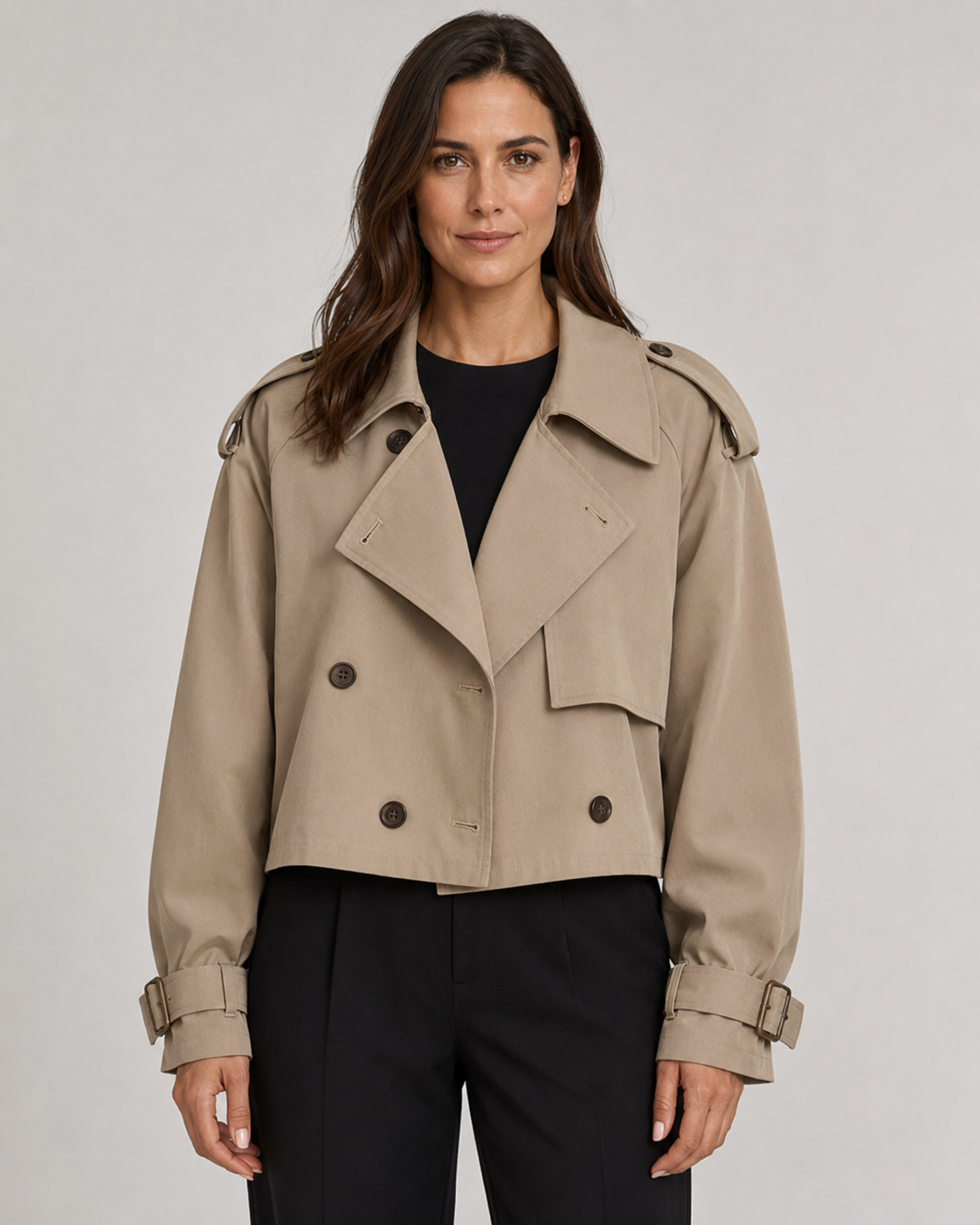 Women's Cropped Double Breasted Trench Coat with Lapel Collar and Buckle Cuffs