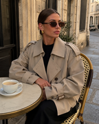 Women's Cropped Double Breasted Trench Coat with Lapel Collar and Buckle Cuffs