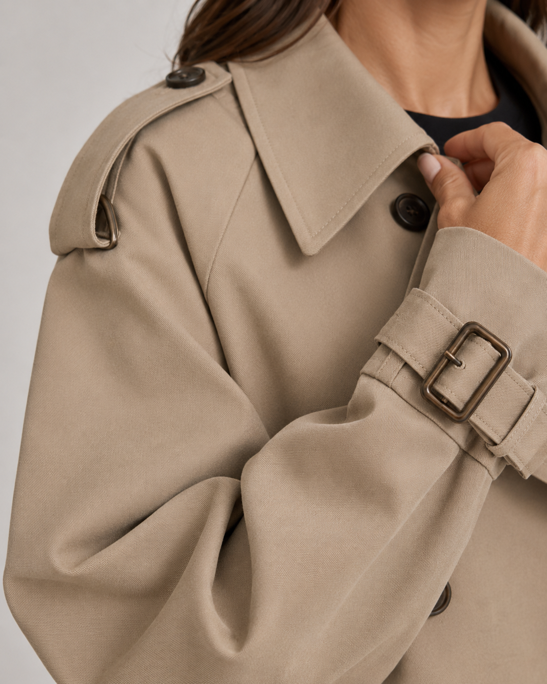 Women's Cropped Double Breasted Trench Coat with Lapel Collar and Buckle Cuffs