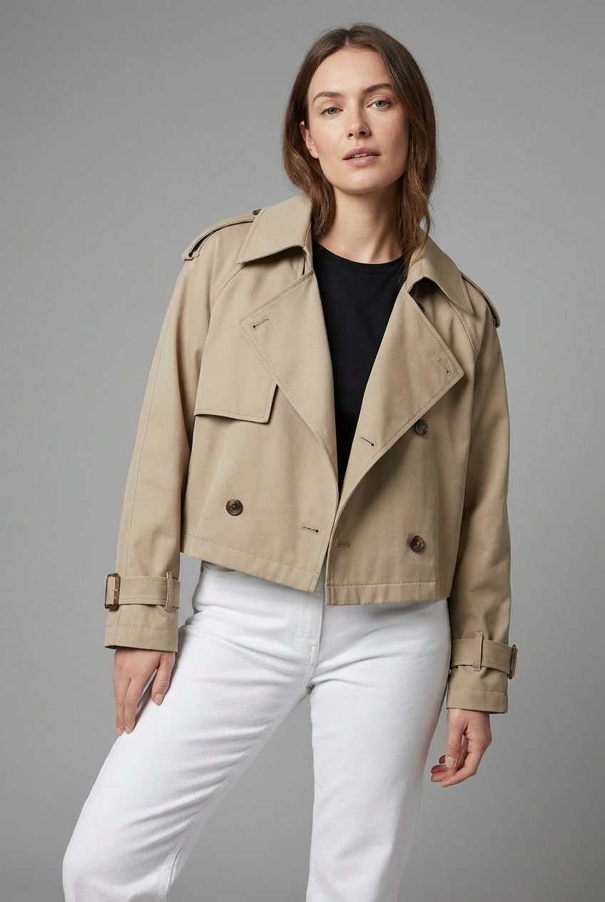 Women's Cropped Double Breasted Trench Coat with Lapel Collar and Button Front