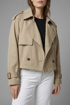Women's Cropped Double Breasted Trench Coat with Lapel Collar and Button Front
