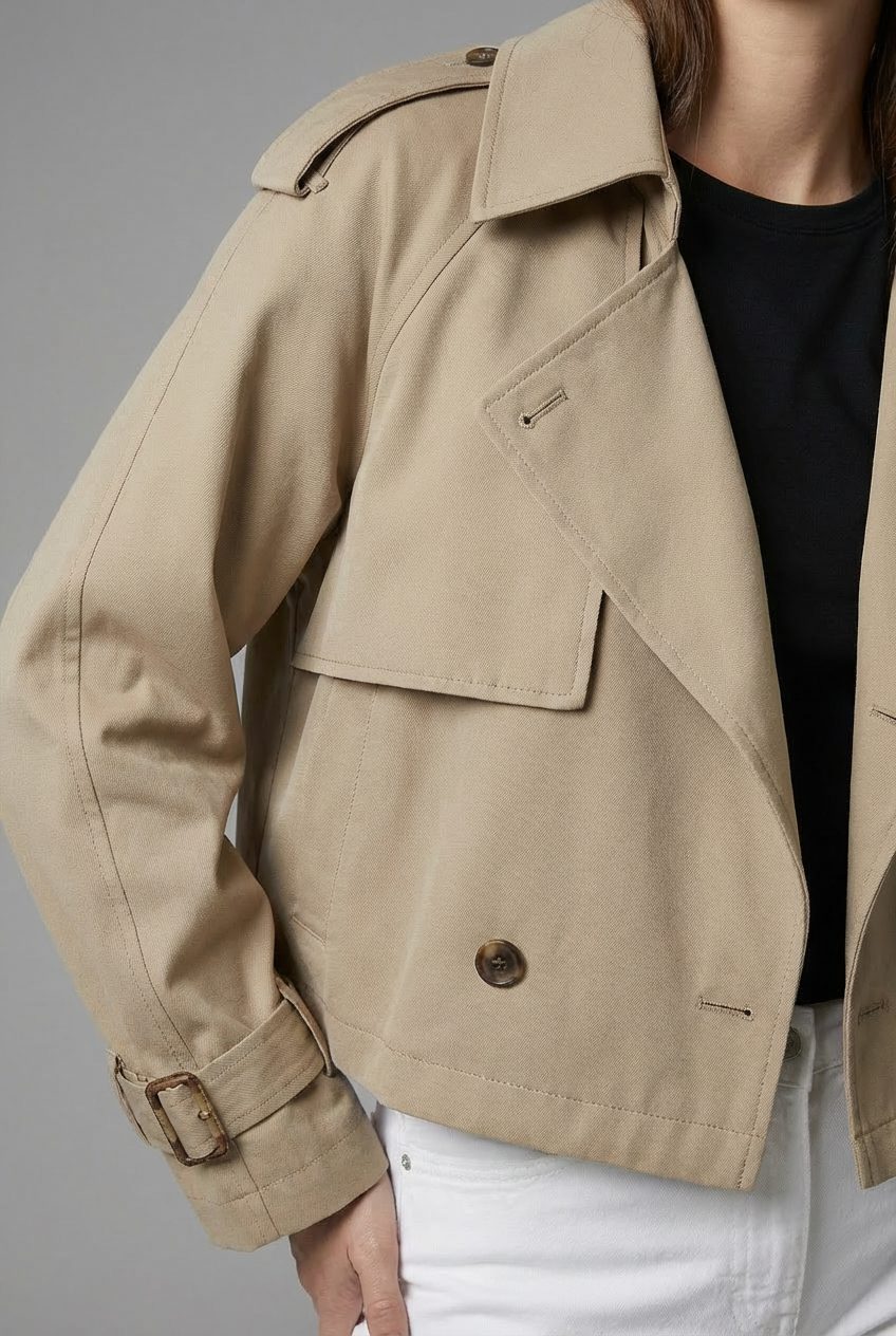 Women's Cropped Double Breasted Trench Coat with Lapel Collar and Button Front
