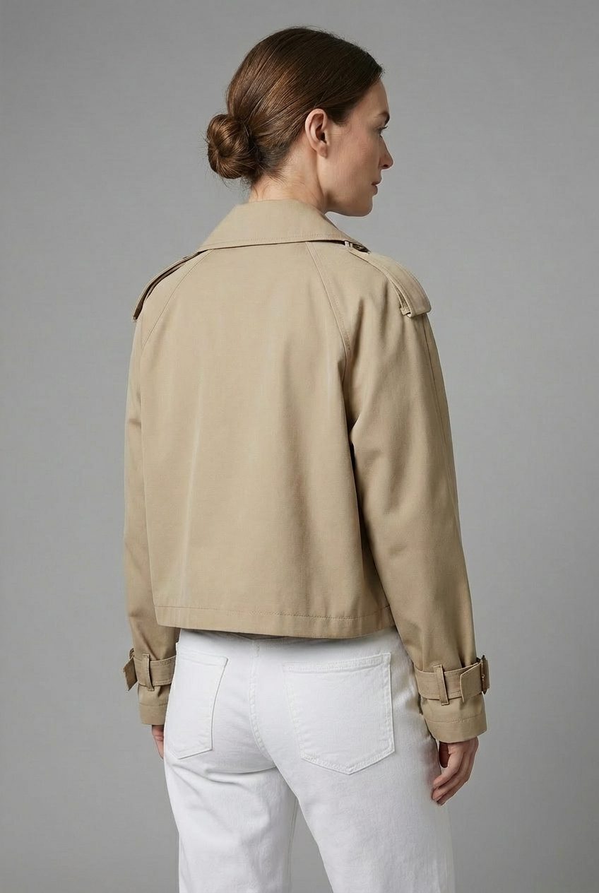 Women's Cropped Double Breasted Trench Coat with Lapel Collar and Button Front