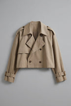 Women's Cropped Double Breasted Trench Coat with Lapel Collar and Button Front