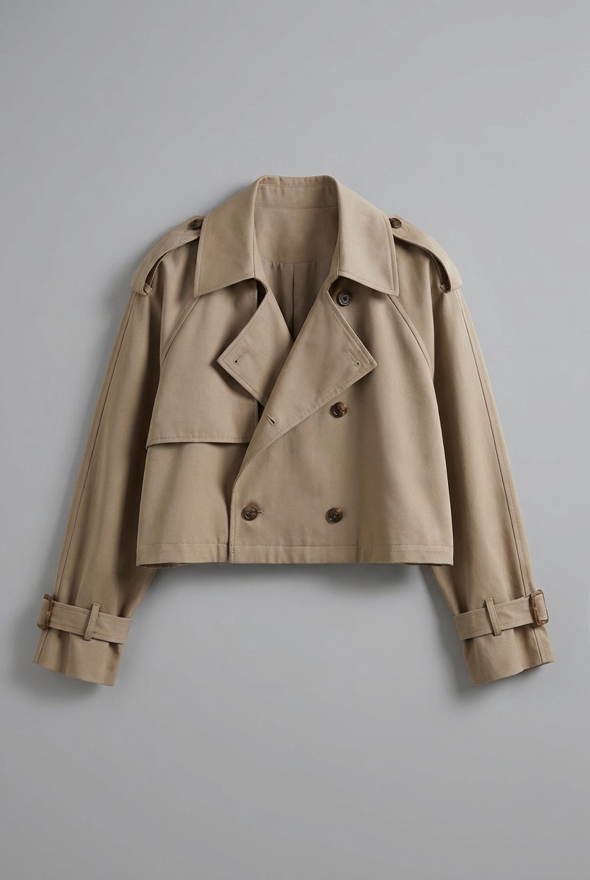 Women's Cropped Double Breasted Trench Coat with Lapel Collar and Button Front