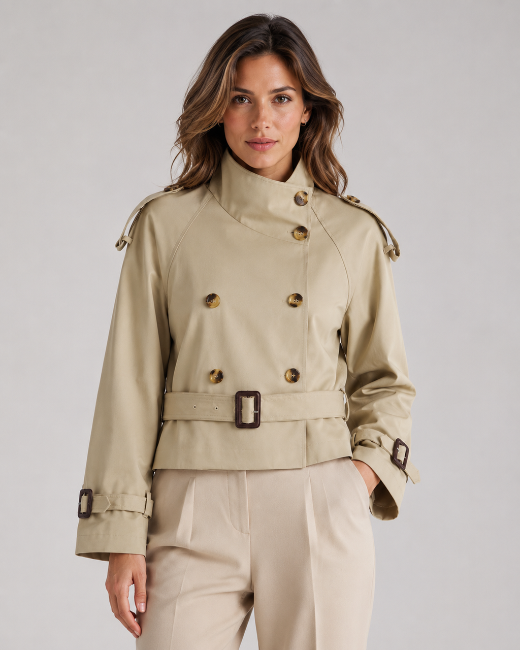 Women's Cropped Double Breasted Trench Coat with Funnel Neck and Belt