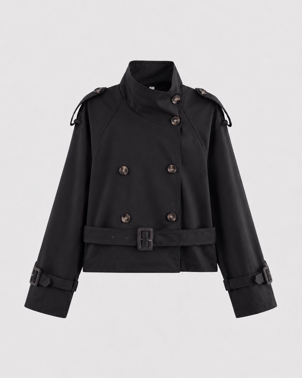 Women's Cropped Double Breasted Trench Coat with Funnel Neck and Belt