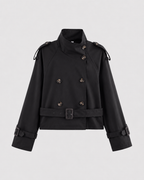Women's Cropped Double Breasted Trench Coat with Funnel Neck and Belt