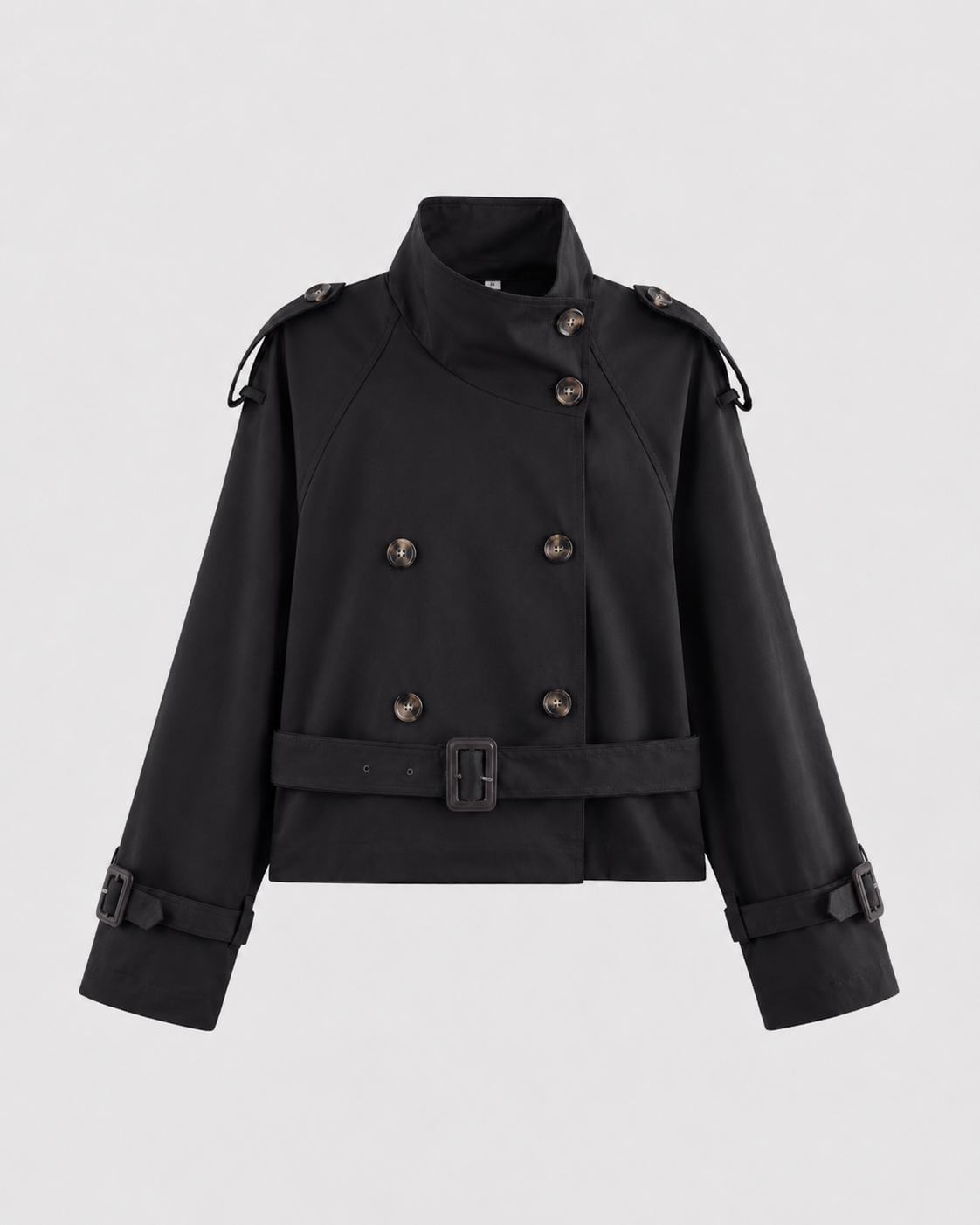 Women's Cropped Double Breasted Trench Coat with Funnel Neck and Belt