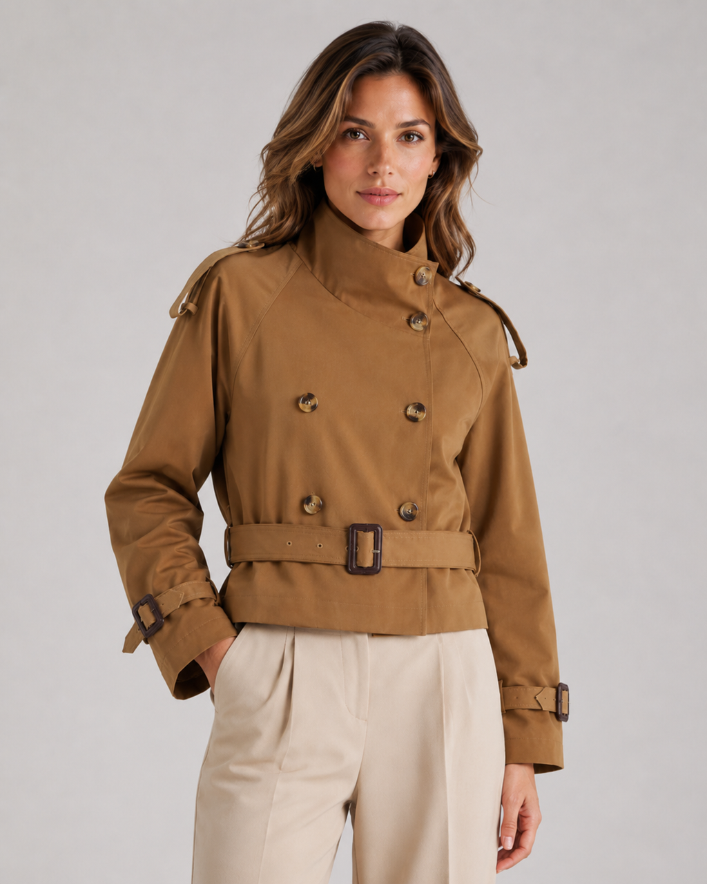 Women's Cropped Double Breasted Trench Coat with Funnel Neck and Belt