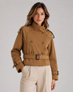 Women's Cropped Double Breasted Trench Coat with Funnel Neck and Belt