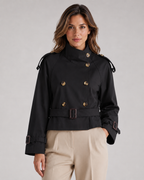 Women's Cropped Double Breasted Trench Coat with Funnel Neck and Belt