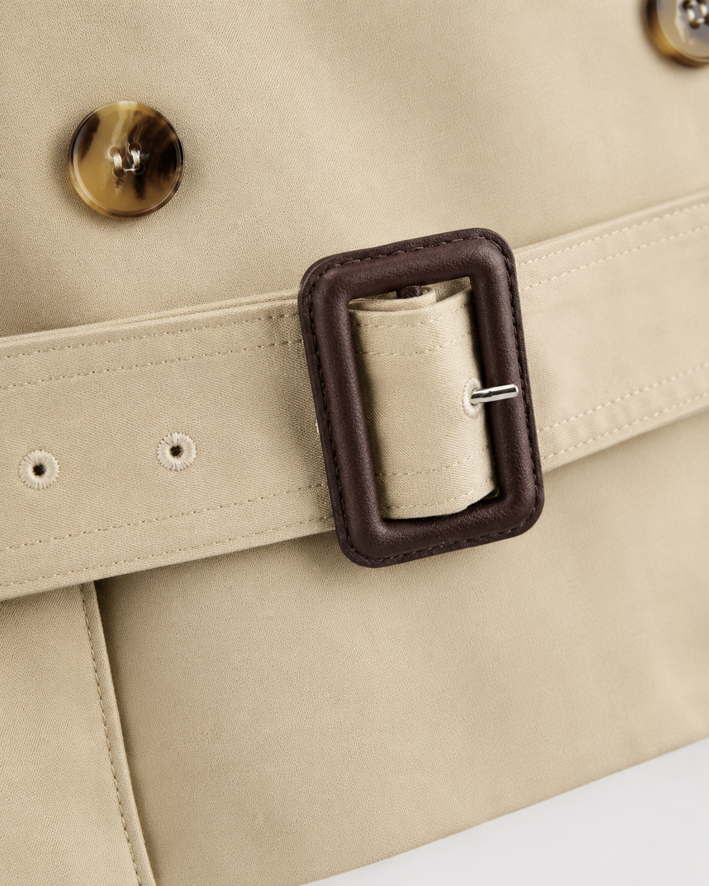 Women's Cropped Double Breasted Trench Coat with Funnel Neck and Belt