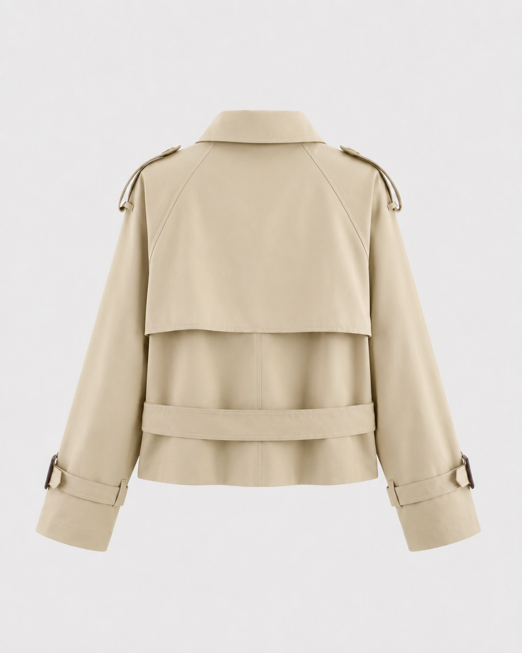 Women's Cropped Double Breasted Trench Coat with Funnel Neck and Belt