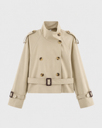 Women's Cropped Double Breasted Trench Coat with Funnel Neck and Belt