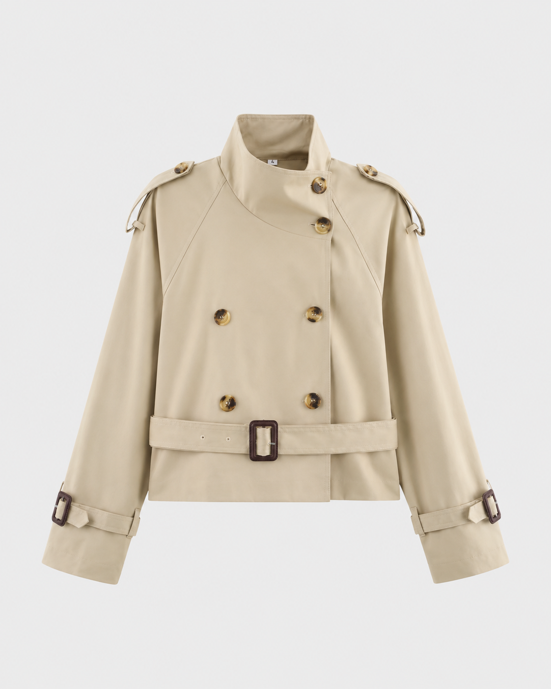 Women's Cropped Double Breasted Trench Coat with Funnel Neck and Belt