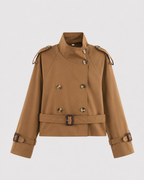 Women's Cropped Double Breasted Trench Coat with Funnel Neck and Belt