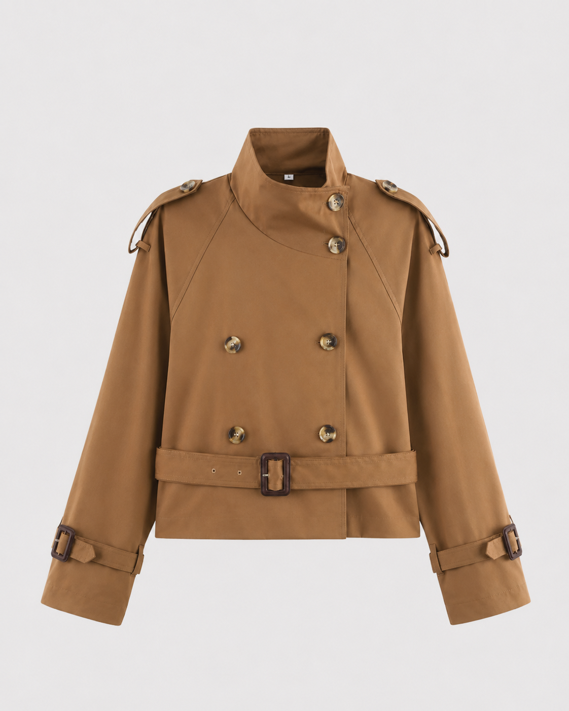 Women's Cropped Double Breasted Trench Coat with Funnel Neck and Belt