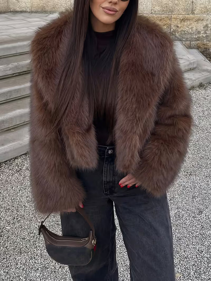 Women's Cropped Faux Fur Jacket with Lapel Collar and Open Front
