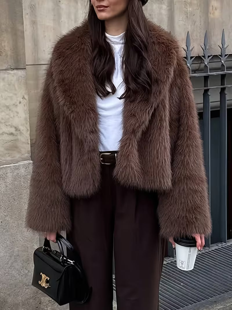 Women's Cropped Faux Fur Jacket with Lapel Collar and Open Front