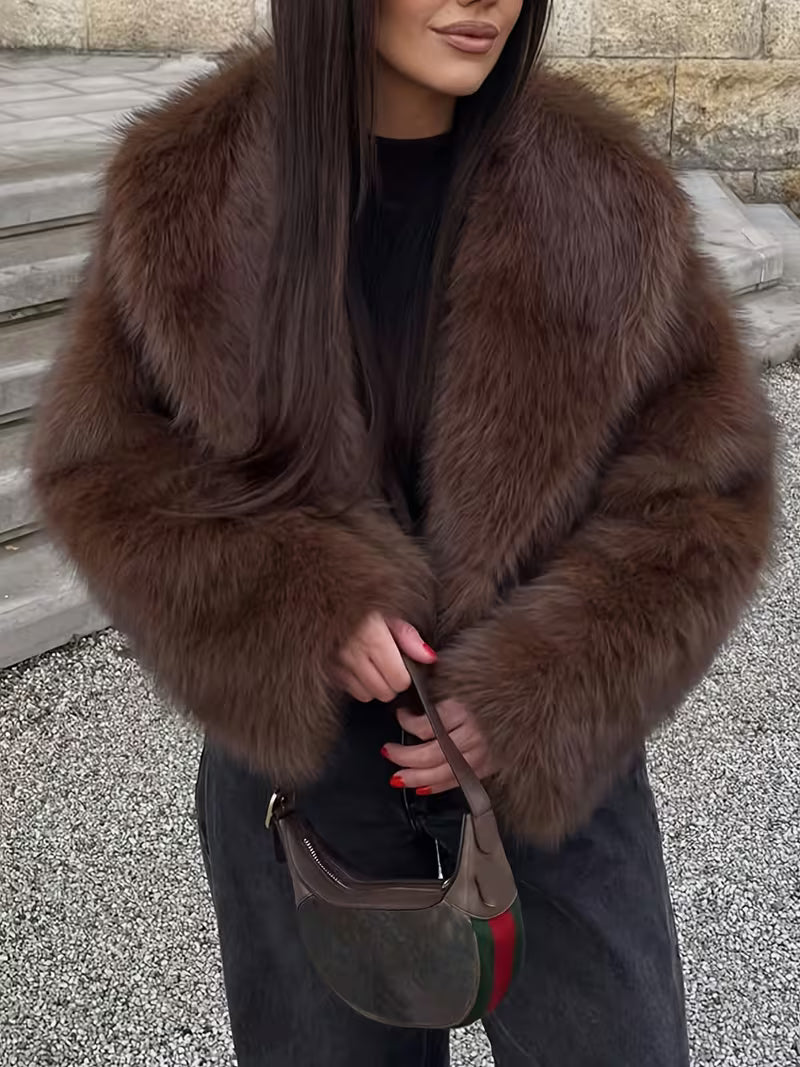 Women's Cropped Faux Fur Jacket with Lapel Collar and Open Front