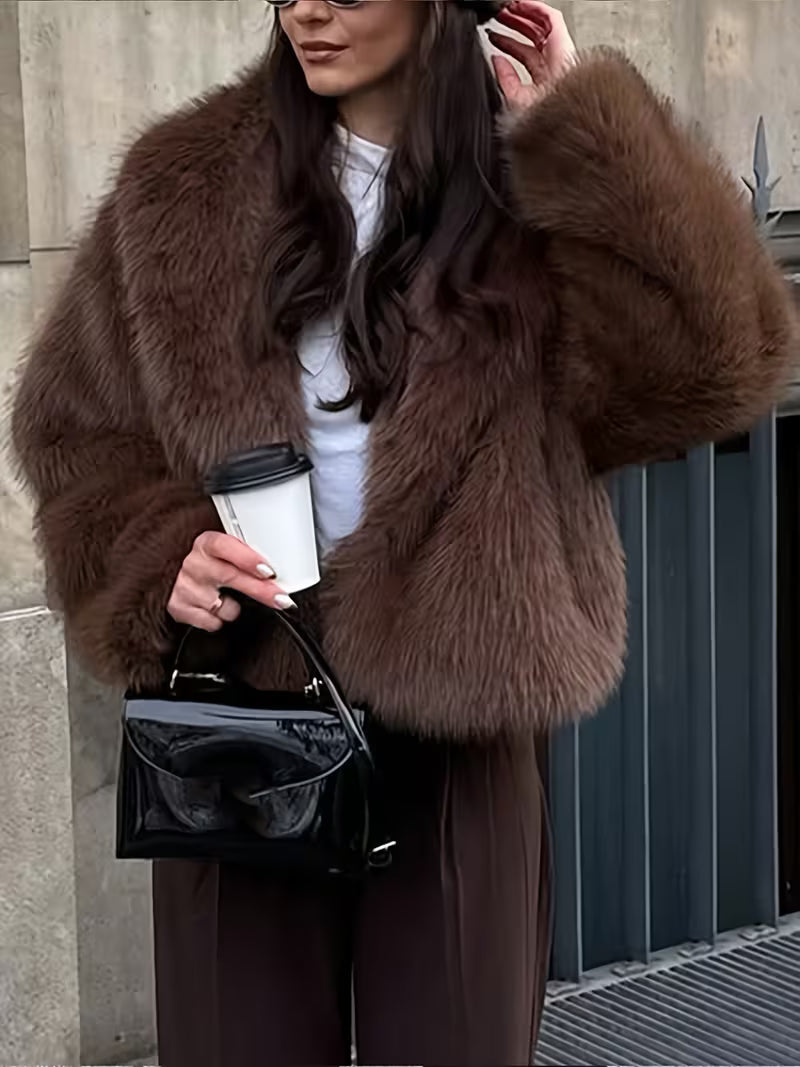 Women's Cropped Faux Fur Jacket with Lapel Collar and Open Front