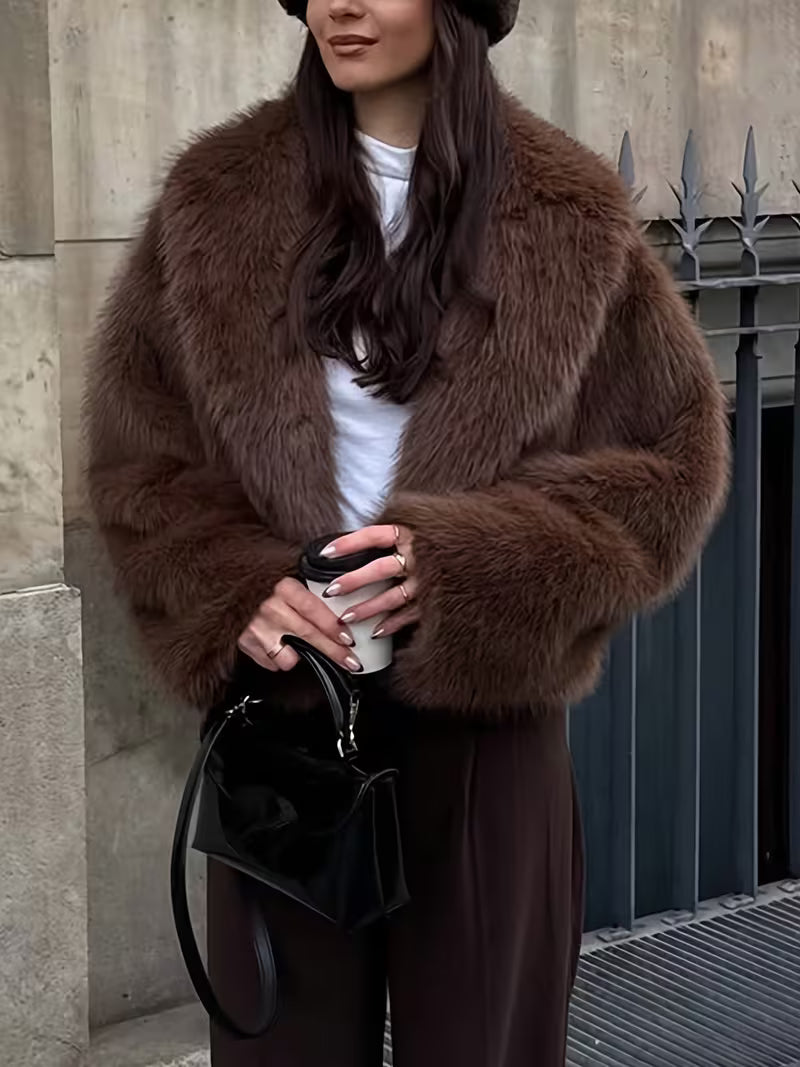 Women's Cropped Faux Fur Jacket with Lapel Collar and Open Front